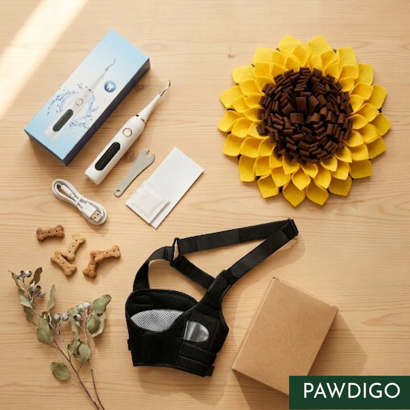 Pawdigo complete wellness kit - dental scaler, knee brace, and snuffle mat