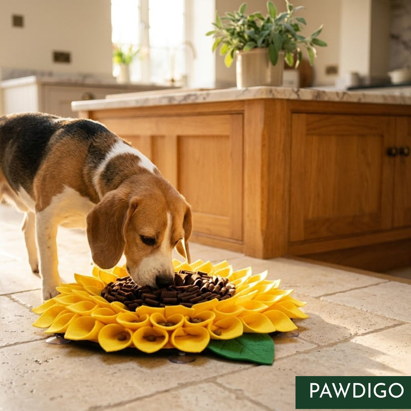 Dog using Pawdigo sunflower snuffle mat for mental enrichment
