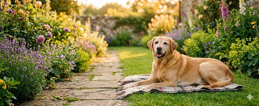 Happy older Labrador relaxing in a sunny garden