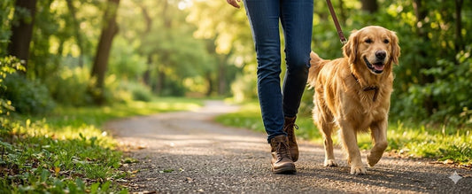Golden Retriever walking with owner on a park path