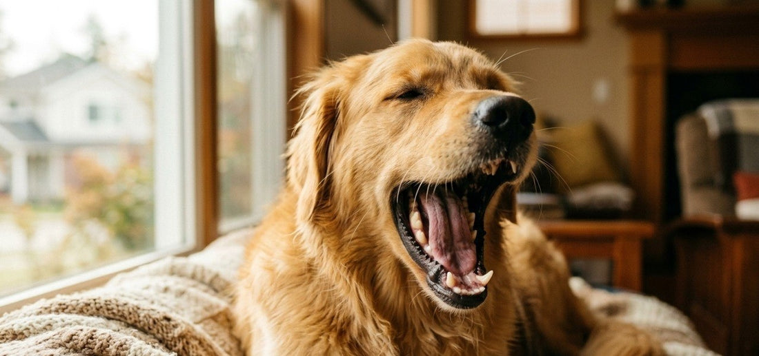 Dog with bad breath yawning