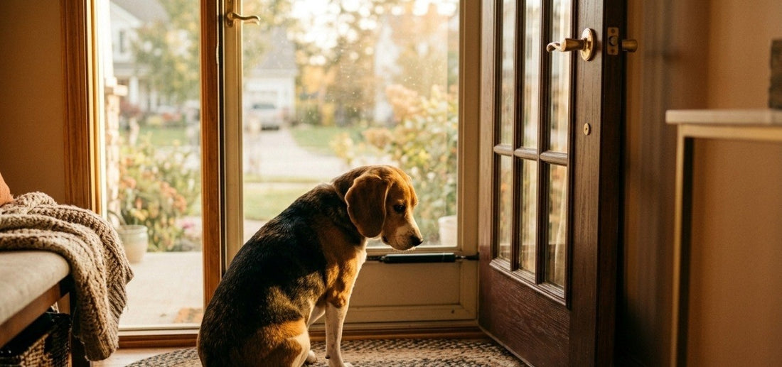 Dog separation anxiety Beagle at door