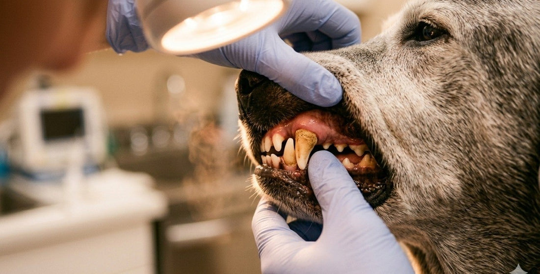 Dog tartar buildup dental exam with UV light
