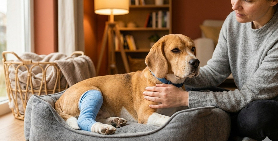 Dog knee surgery recovery Beagle with bandaged leg