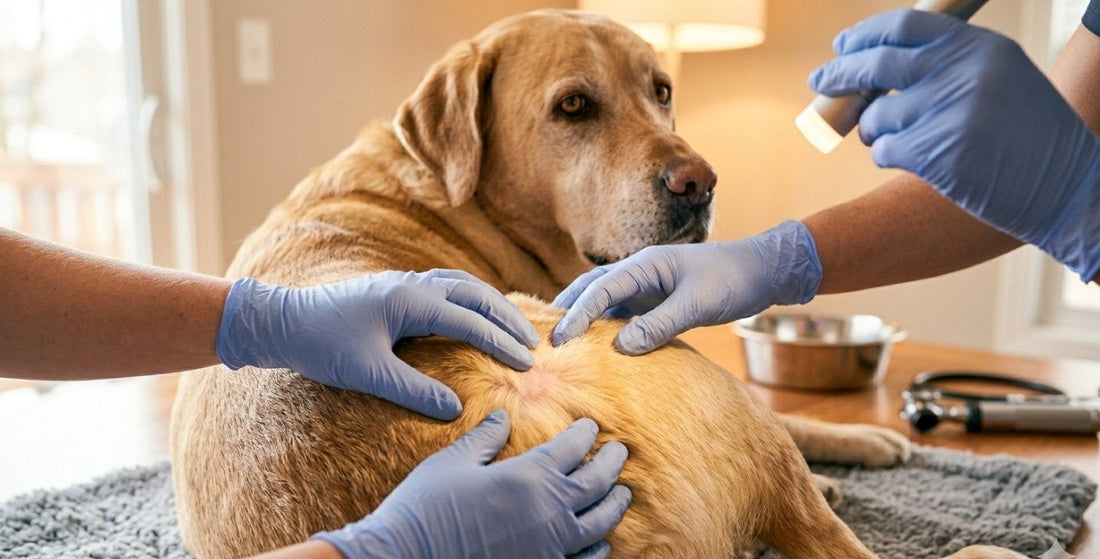 Dog hot spots Labrador being examined with gloves