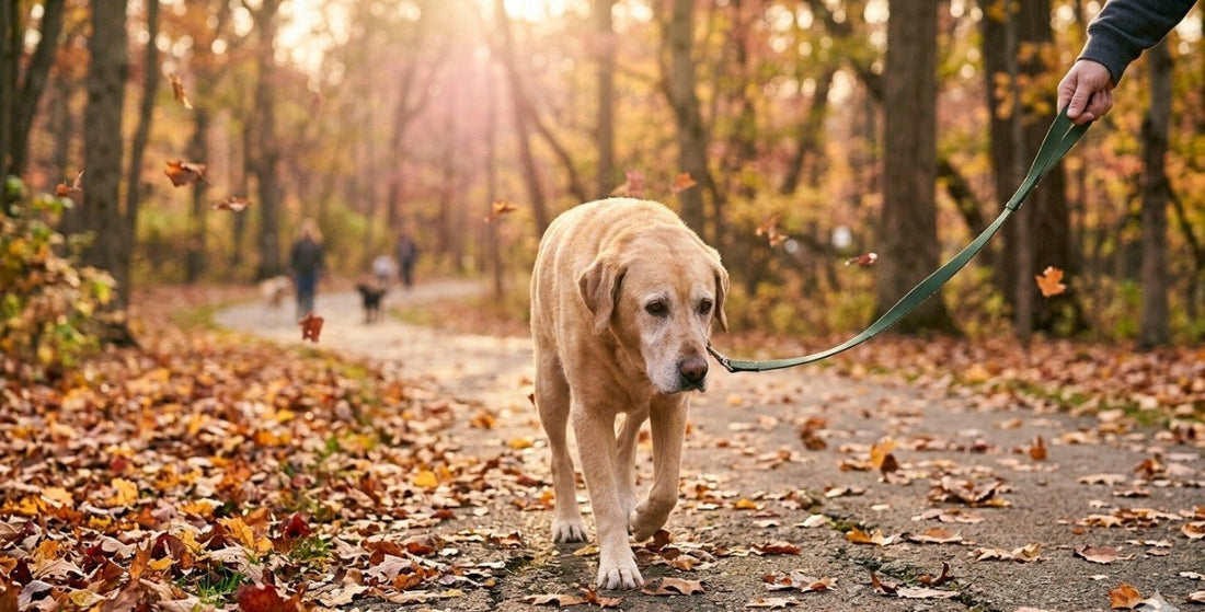 How to exercise a senior dog Labrador autumn walk on leash