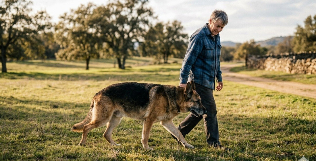 Hip dysplasia in dogs older man walking German Shepherd