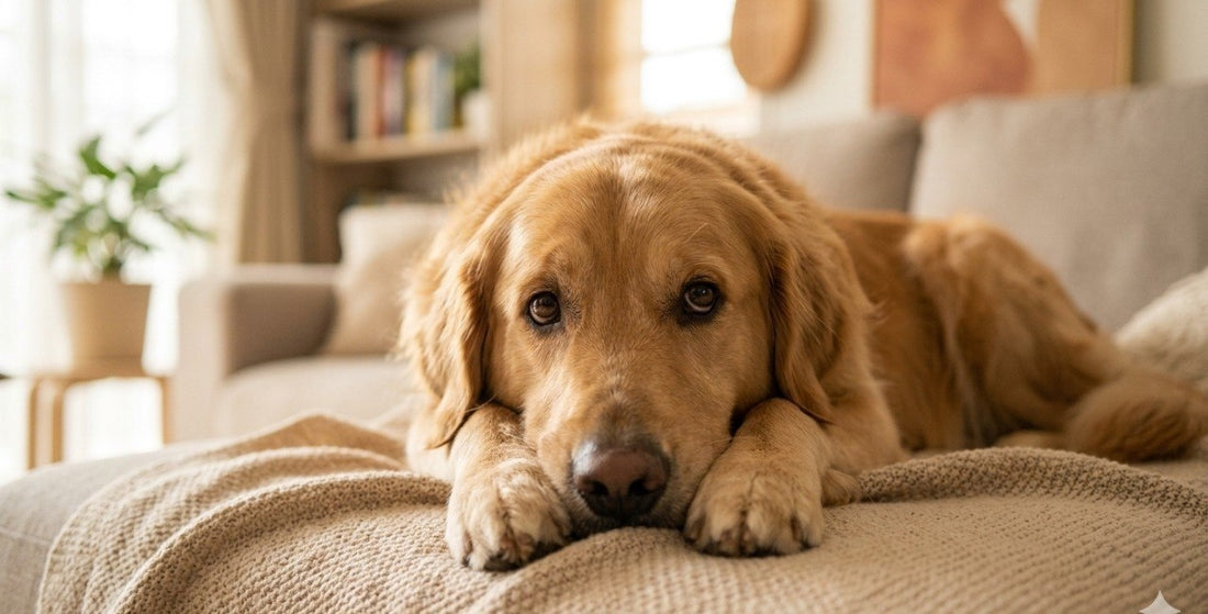 Signs your dog is in pain Golden Retriever lying sad on couch