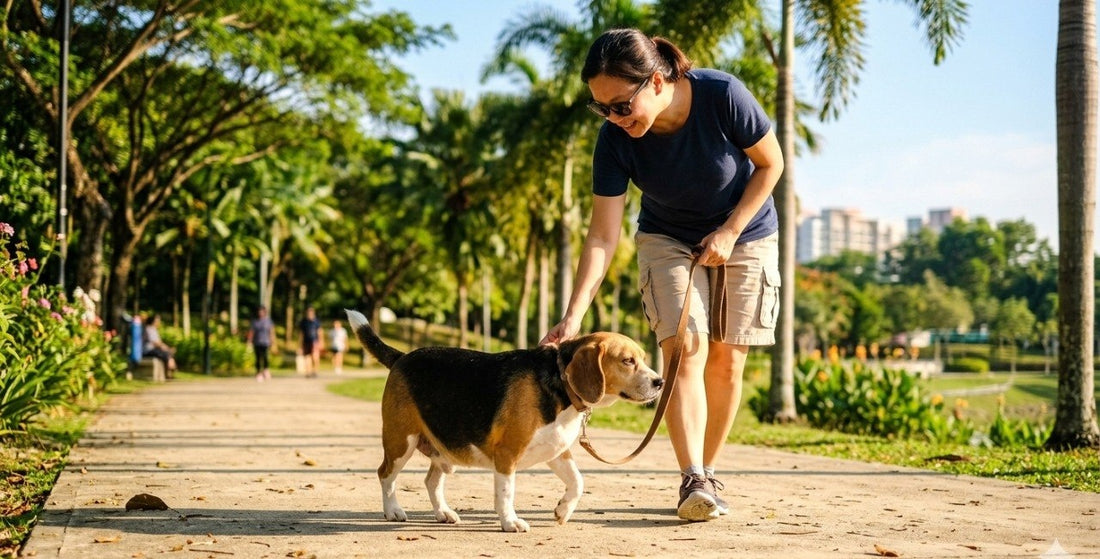 How to help a dog lose weight Beagle on leash park walk