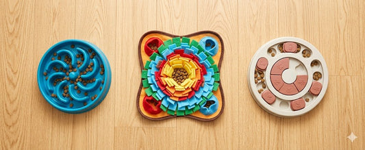 Dog slow feeder comparison - bowl, snuffle mat, and puzzle toy