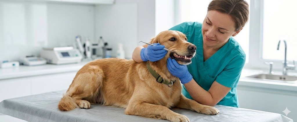 Vet performing non-anesthetic dental cleaning on a dog