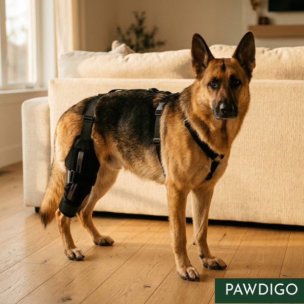 Dog wearing Pawdigo adjustable knee brace for hind leg joint support
